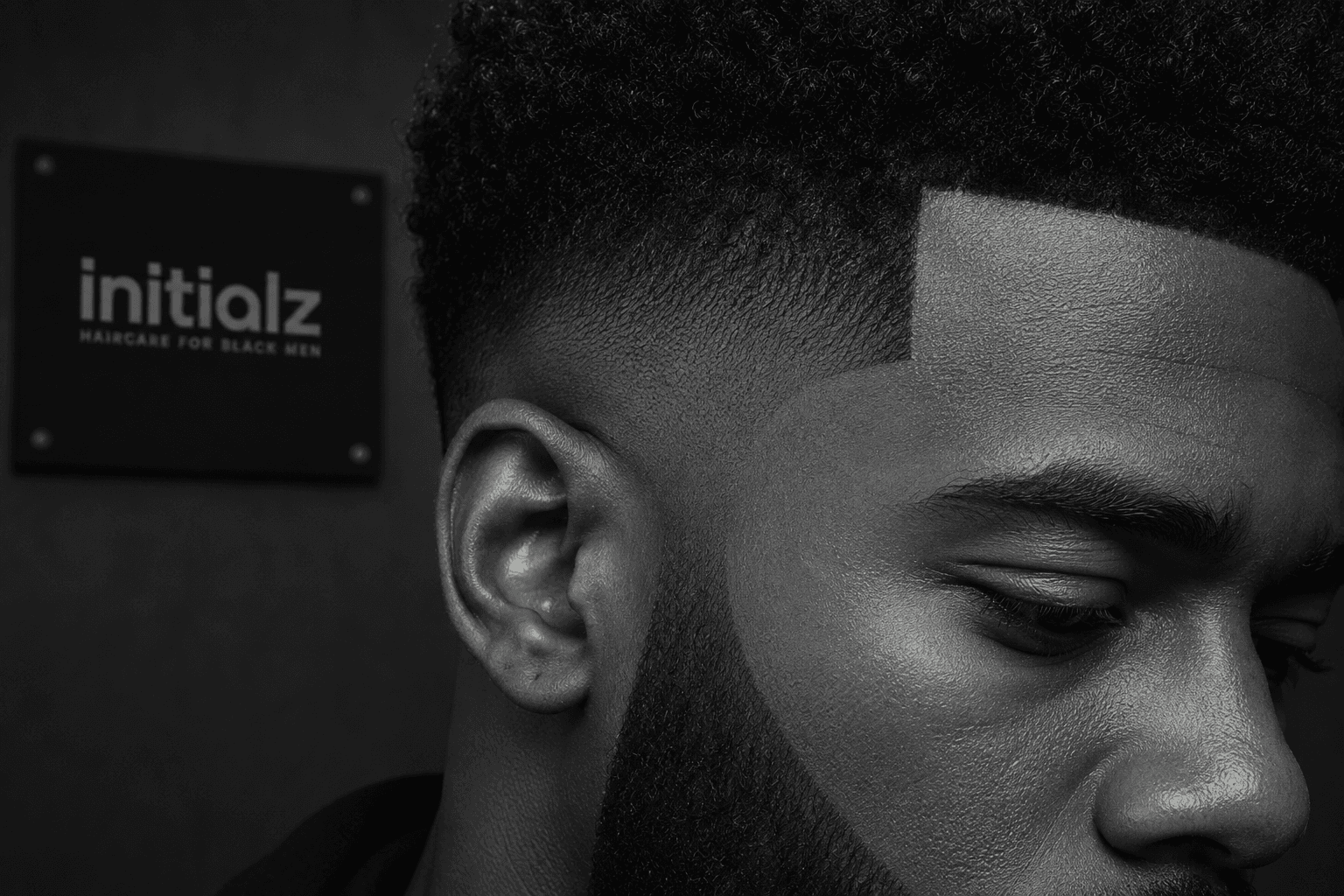 A man with a fresh fade and lined beard beside the initialz brand plaque